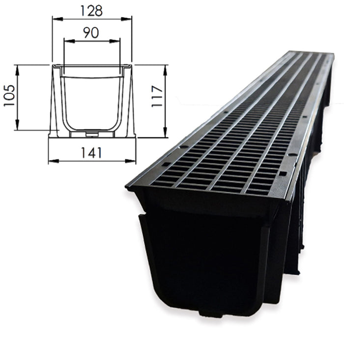 Channel Drain with Black Mesh Grating - 1m